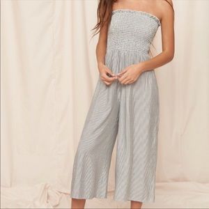 Garage grey striped smocked strapless jumpsuit S